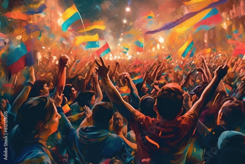 The scene shows a massive and spirited group of sports fans making their way down a street near the stadium  carrying flares and colored smoke in the colors of their club
