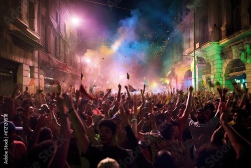 The scene shows a massive and spirited group of sports fans making their way down a street near the stadium, carrying flares and colored smoke in the colors of their club © ChaoticMind