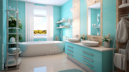 Modern Design of  bathroom.  Modern bathroom with blue walls, white floor, white bathtub and round mirror. Modern bathroom interior design with white bathtub and mirror.  AI generated interior design.