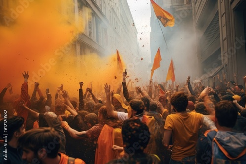 The scene shows a massive and spirited group of sports fans making their way down a street near the stadium, carrying flares and colored smoke in the colors of their club