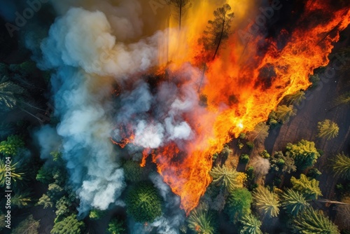 Forest fire with trees on fire