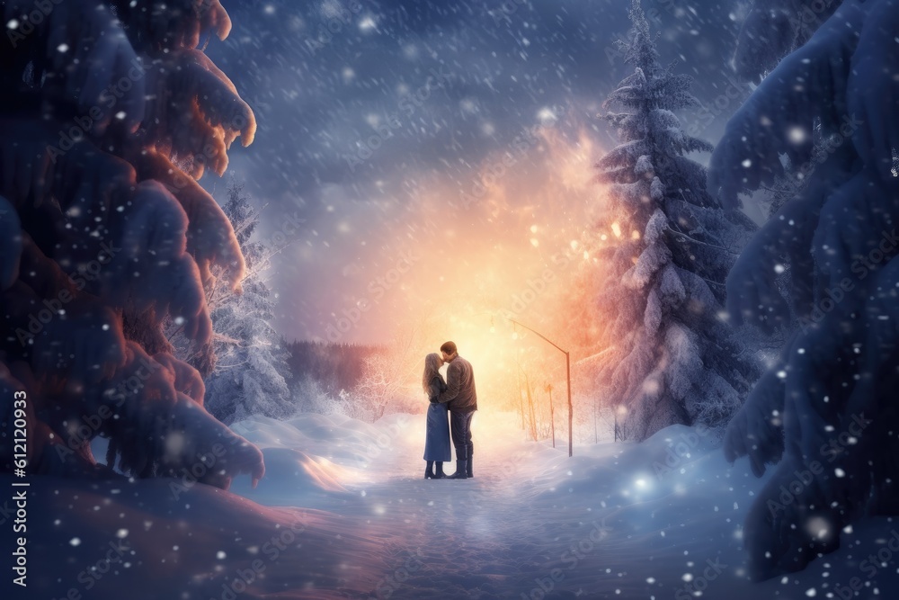 Naklejka premium A romantic couple kissing while snow falls