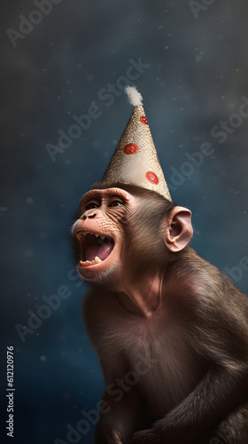 Monkey wearing a birthday hat - generative AI, KI