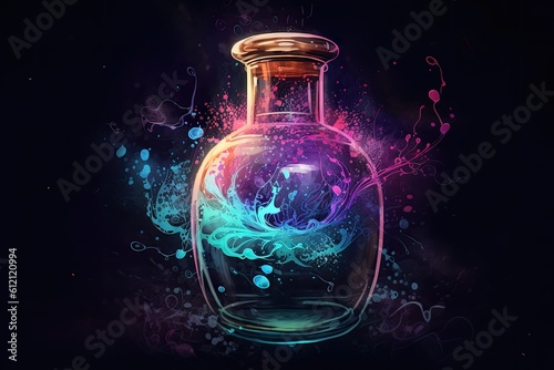 Spellbinding potion in glass vial, swirling with vibrant colors and releasing sparkling tendrils of magic, super details Generative AI