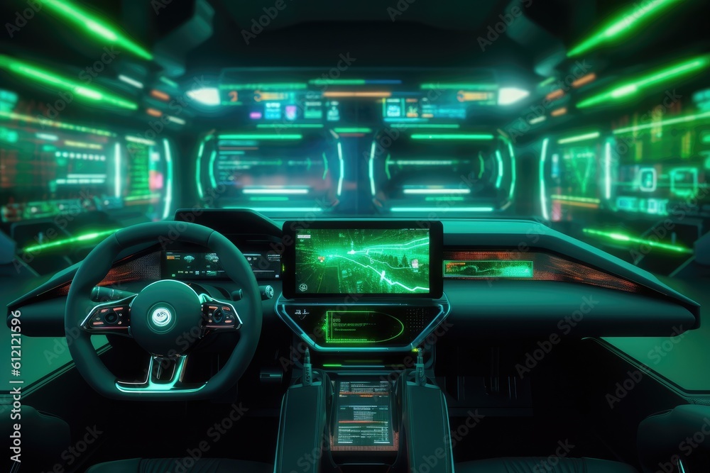 Modern car interior with glowing green neon lights Modern car interior with glowing green neon lights