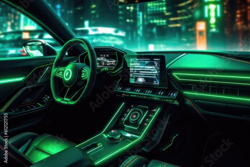 Modern car interior with glowing green neon lights © ChaoticMind