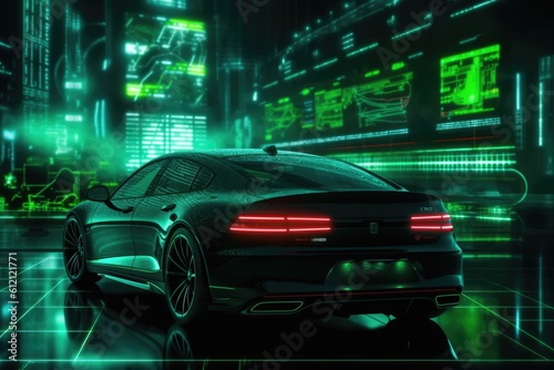  Modern car interior with glowing green neon lights