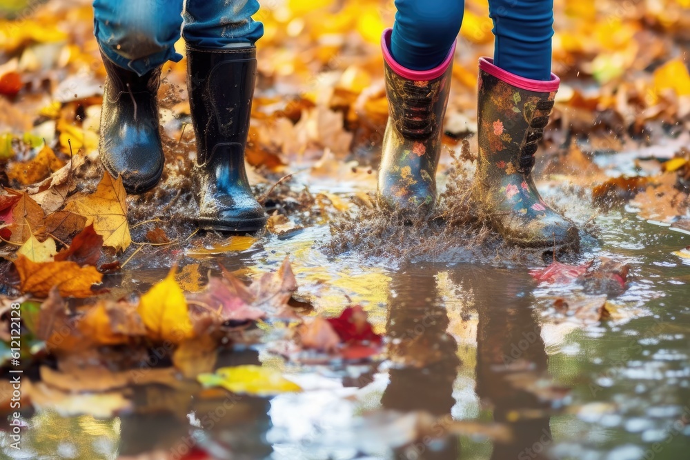 Image of a child's rubber boots splashing in a puddle Image of a child's rubber boots splashing in a puddle
