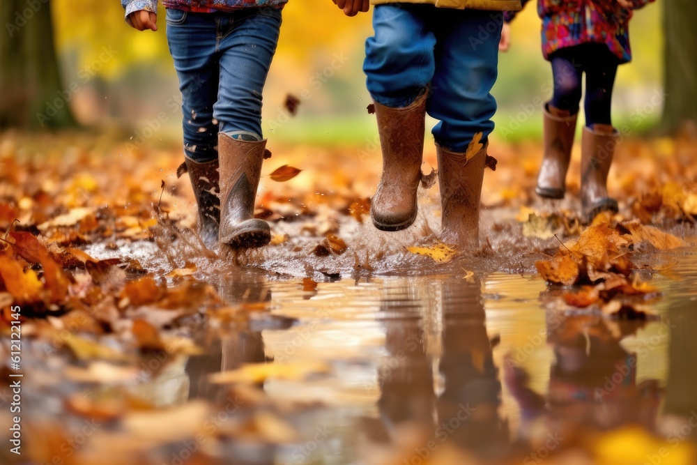 Image of a child's rubber boots splashing in a puddle Image of a child's rubber boots splashing in a puddle