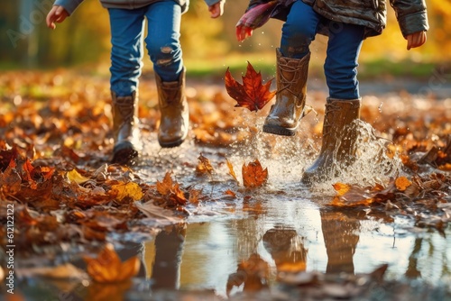 Image of a child's rubber boots splashing in a puddle