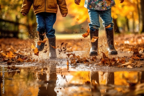 Image of a child's rubber boots splashing in a puddle