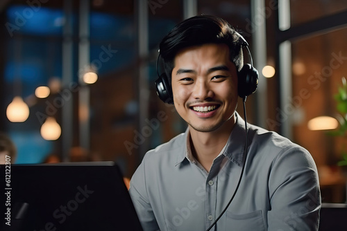Happy asian man consultant agent smiling for online advice, telesales or help at workplace created with Generative AI technology photo