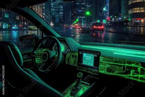  Modern car interior with glowing green neon lights  