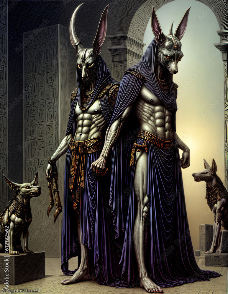 Obraz premium Anubis, god of the underworld, funerary rites, protector of graves, ancient Egyptian, dark, realistic. Generated AI.