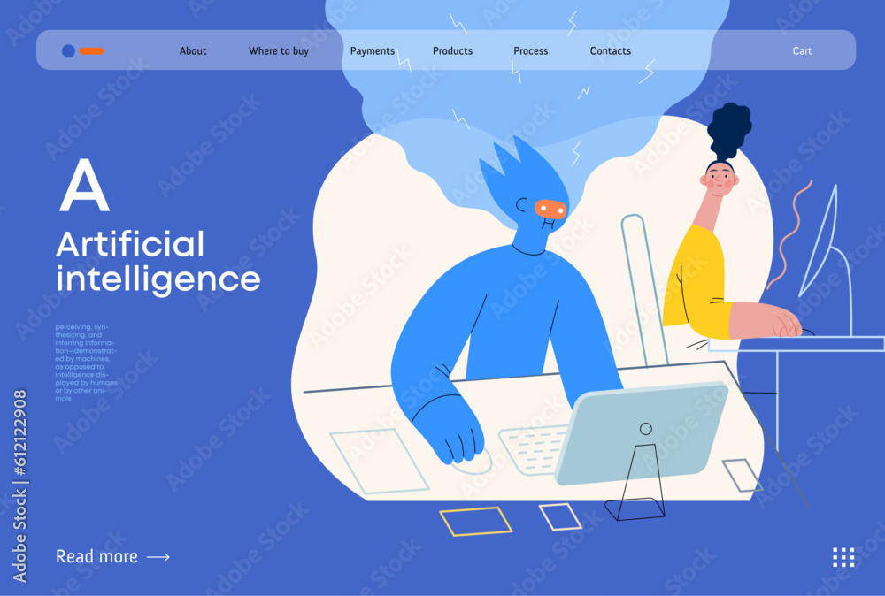 Artificial intelligence, office work -modern flat vector concept illustration of AI effectively working at the desk and surprised human. Metaphor of AI advantage, superiority and dominance concept Artificial intelligence, office work -modern flat vector concept illustration of AI effectively working at the desk and surprised human. Metaphor of AI advantage, superiority and dominance concept