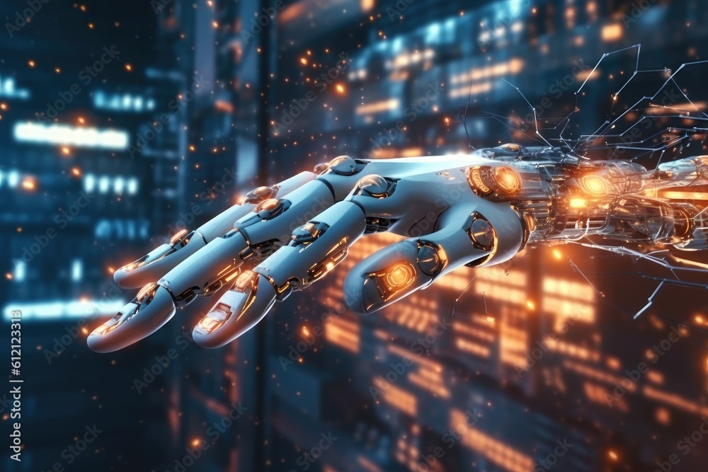 Artificial Intelligence robotic hand touching futuristic big data. AI generative. Artificial Intelligence robotic hand touching futuristic big data. AI generative.