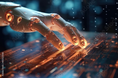 Artificial Intelligence robotic hand touching futuristic big data. AI generative.