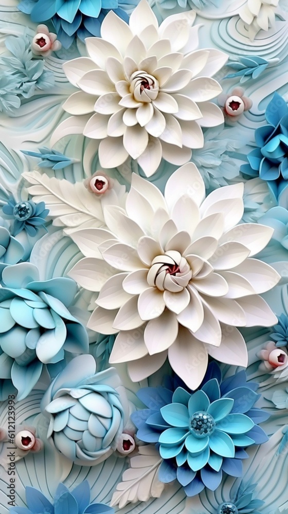 Paper cut flowers on blue background. Paper art and craft style.
