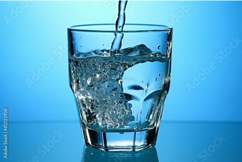 Pouring water into glass with ice cubes on blue background, closeup