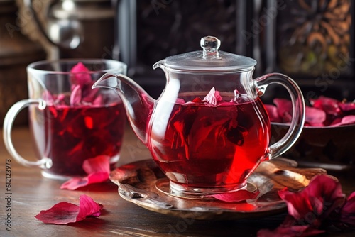 Hibiscus tea in a glass teapot on a wooden background