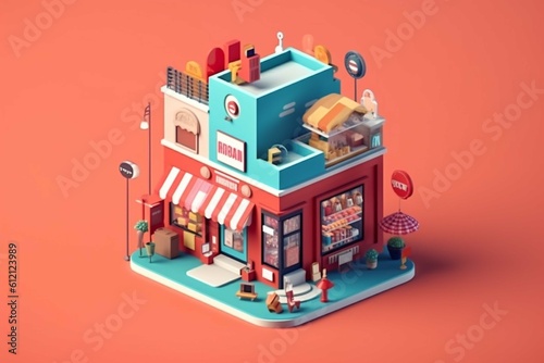 Isometric city building  shop and restaurant  urban scene  3d illustration