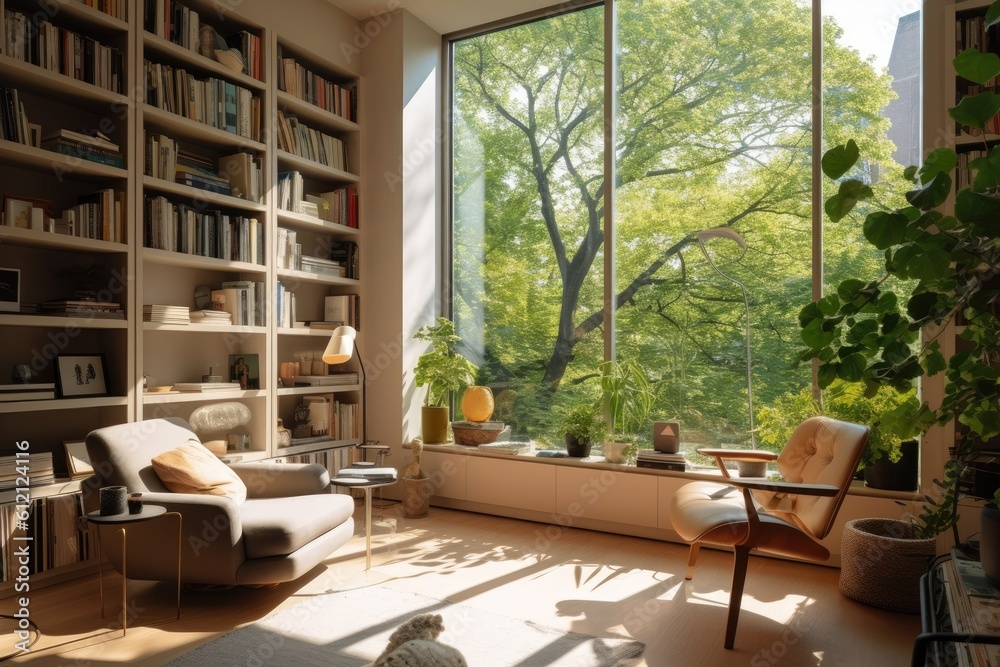 Fototapeta premium Sustainable Green Co-working Office Interior. Photo generative AI