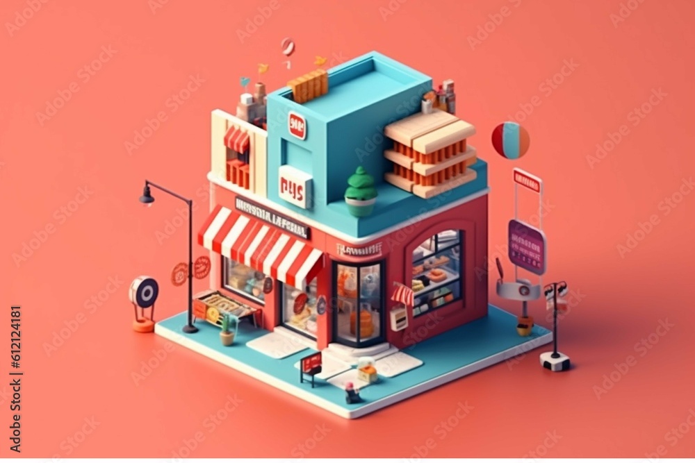 Isometric city building, shop and restaurant, urban scene, 3d illustration