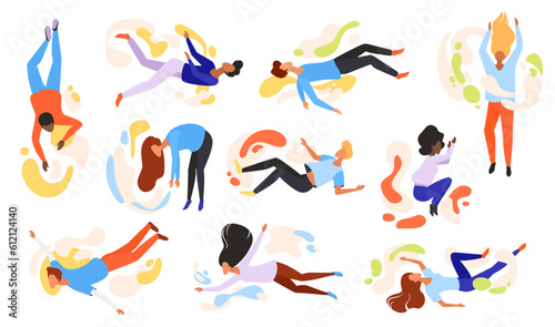 Fototapeta Naklejka Na Ścianę i Meble -  People flying set vector illustration. Cartoon isolated young woman and man floating in imagination space, characters falling down in gravity, free jump and flight action of person in fantasy sky