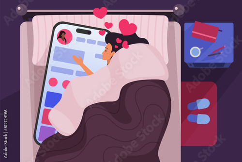 Addicted girl using phone at night, insomnia and bad habits vector illustration. Cartoon bedroom top view, woman lying in bed with big smartphone, social media profile with hearts on cellphone screen