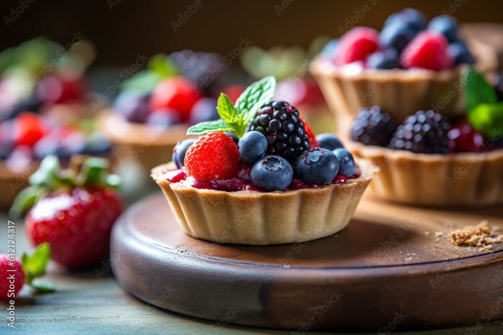 Tartlets with fresh berries on a wooden table. selective focus Tartlets with fresh berries on a wooden table. selective focus