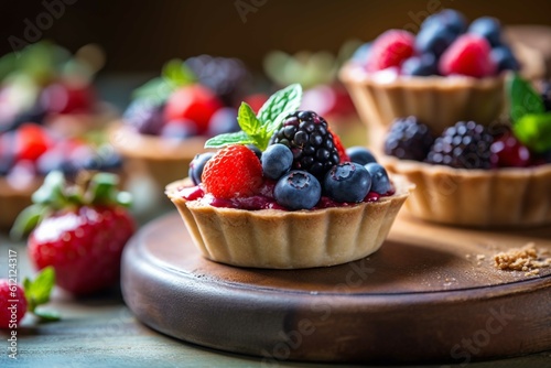Tartlets with fresh berries on a wooden table. selective focus