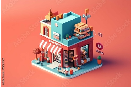 Isometric city building, shop and restaurant, urban scene, 3d illustration