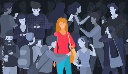 Digital detox and phone addiction vector illustration. Cartoon happy girl standing in crowd of many sad people scrolling bad negative news in smartphones to read, using cellphone for online life