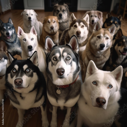 A flock of husky looking at the camera ai generation High quality photo