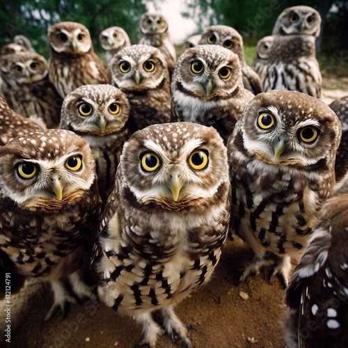 A flock of owls with big eyes look at the camera ai generation High quality photo