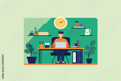 person working at a desk with a laptop and documents. It conveys professionalism and productivity in a modern business environment