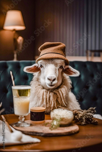 Sheep in a Hat Relaxing at a Cafe, Sipping a Cocktail ai generation High quality photo