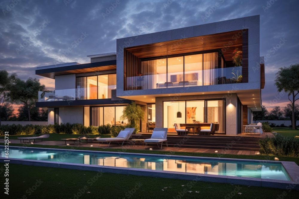 Obraz premium Modern house real estate exterior architecture of luxury home in beautiful villa Generative AI