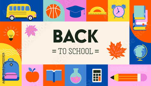 Vibrant Color Back To School background concept design. Geometrical flat style illustration, banner and poster. School supplies and yellow bus illustration
