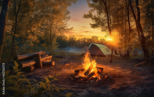 Camping in the morning sun. Settle down in a tent during the morning sun and savor the experience of camping outdoors around a bonfire.  Generative AI  