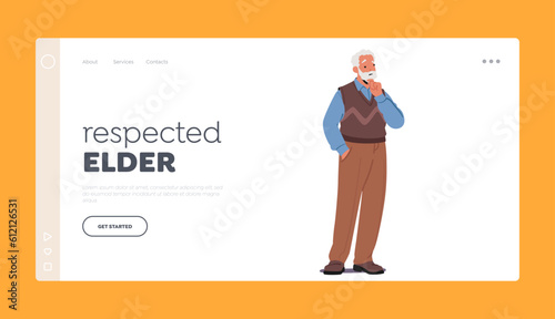Respected Elder Landing Page Template. Thoughtful Elderly Gentleman Thinking, Old Male Character Deep In Contemplation