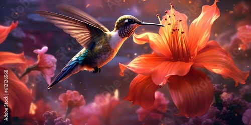 beautiful exotic colibri  multicolor hummingbird drinking the juice of a flower in a tropical garden  generative ai