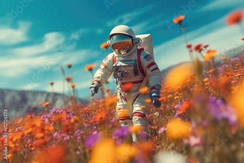 Astronaut picking beautiful flowers on a mesmerizing alien planet. Generative AI