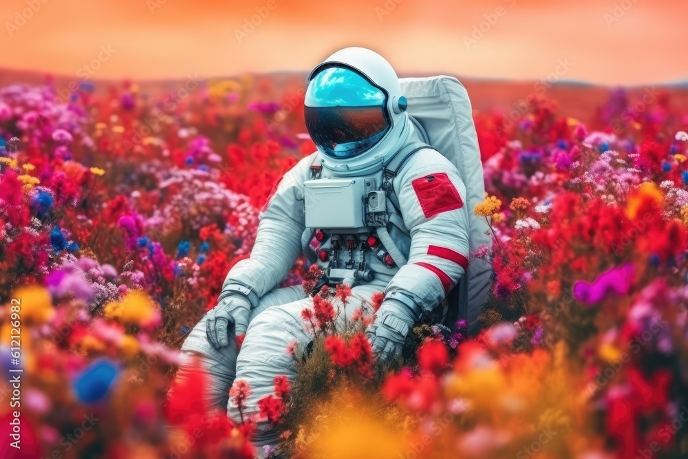 Astronaut picking beautiful flowers on a mesmerizing alien planet. Generative AI Astronaut picking beautiful flowers on a mesmerizing alien planet. Generative AI