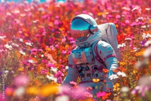 Astronaut picking beautiful flowers on a mesmerizing alien planet. Generative AI