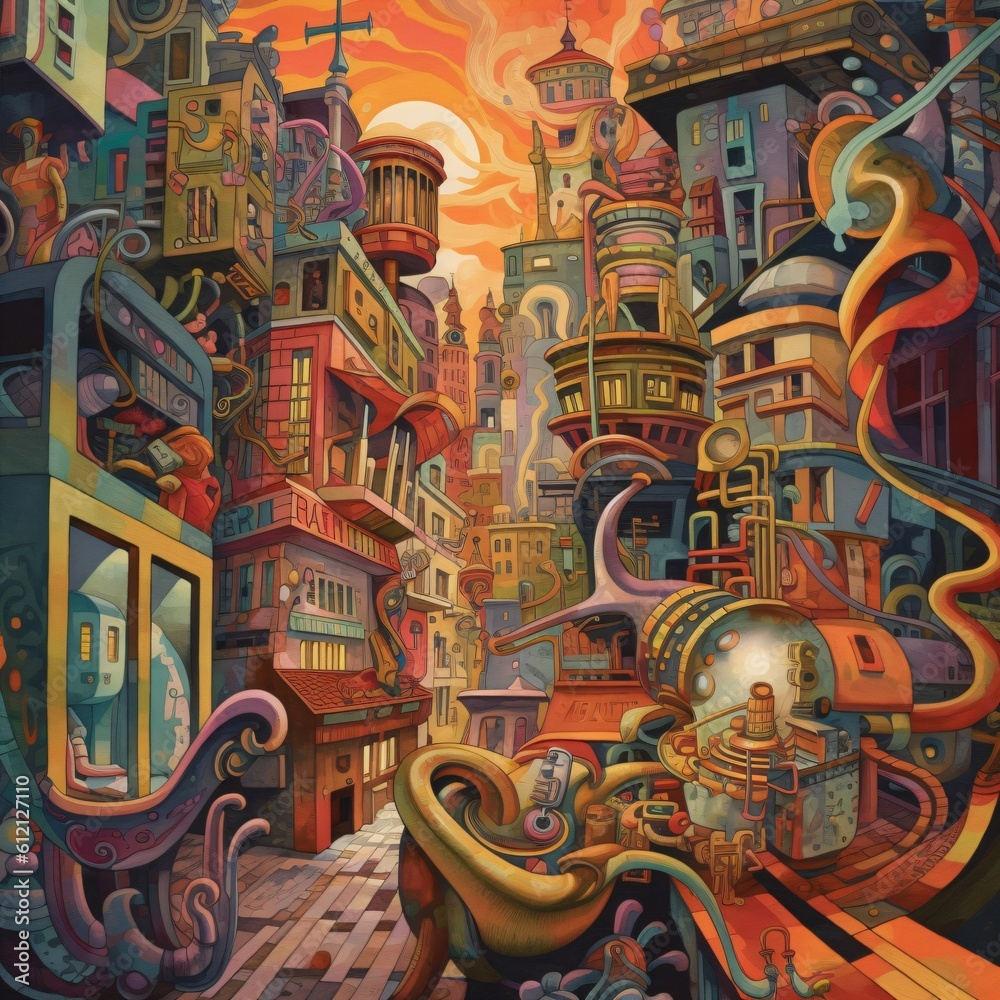crazy illustration of a surreal chaotic and fictional city full of fantasy and colors, generative ai