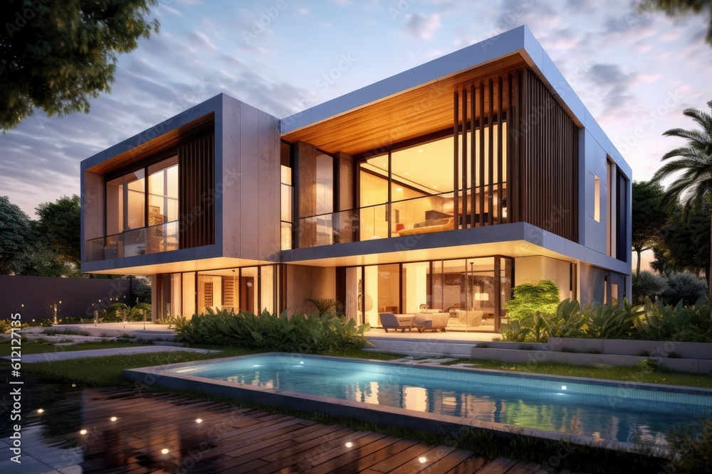 Fototapeta premium Modern house real estate exterior architecture of luxury home in beautiful villa Generative AI
