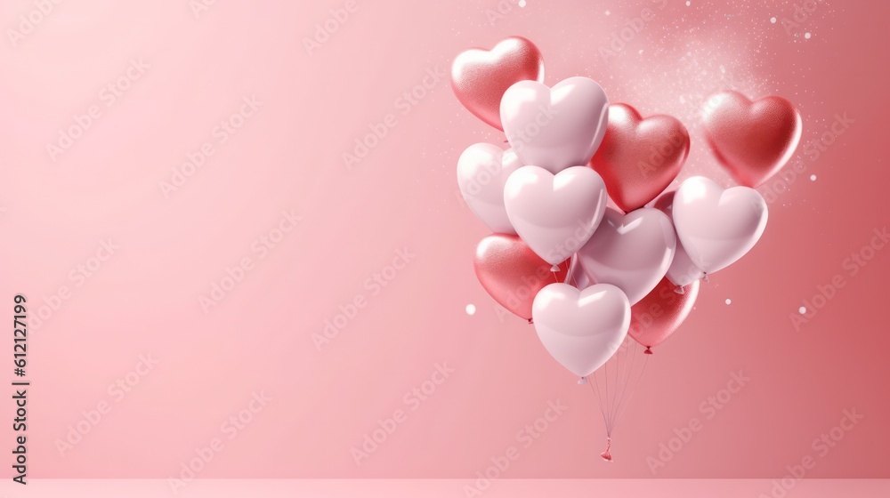 holiday background with heart shaped balloons on pink background. love and celebration. valentine's day card balloons with red heart. Generative AI 
