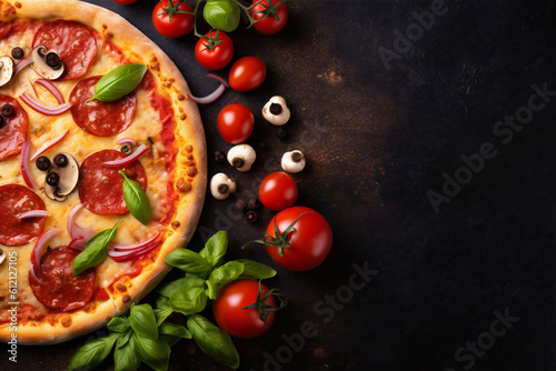 black pizza italian background copy tomato cheese fast food red food space meal. Generative AI.