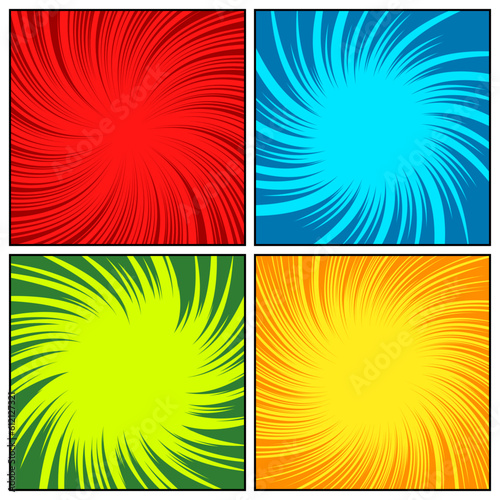 Colorful twisted comic book radial rays, lines. Comics background with motion, speed lines. Pop art style elements. Vector illustration